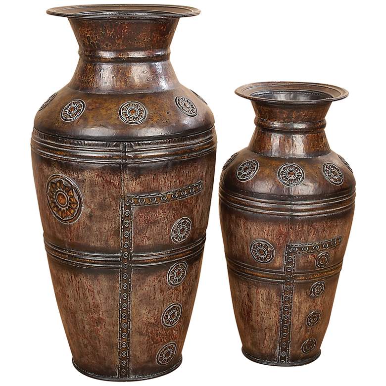 Image 2 Ferris Brown Metal Floral Relief Urn-Shaped Vases Set of 2