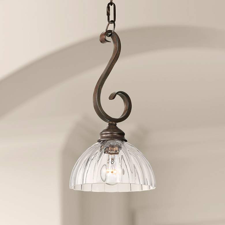 Image 1 Ferro 8"W Bronze Iron Scroll and Clear Glass Mini Pendant