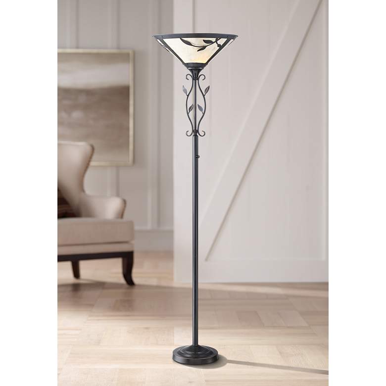 Image 1 Feuille Leaf and Vine Mica Shade Torchiere Floor Lamp