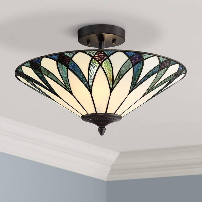 Filton 18&quot; Wide Blue Tiffany Style Ceiling Light