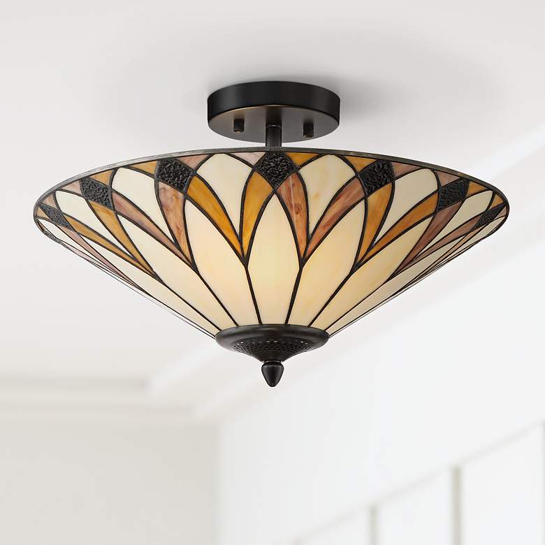 Image 1 Filton 18" Wide Yellow Tiffany Style Ceiling Light