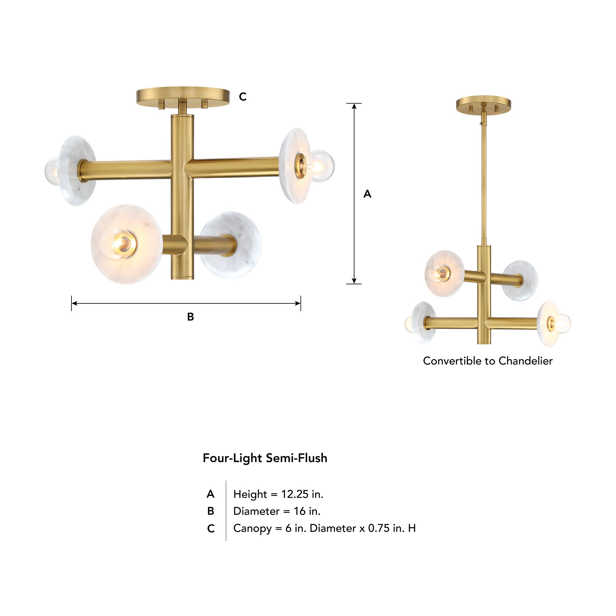 Fina 16 in. 4-Light Brushed Gold Modern Semi Flush Mount