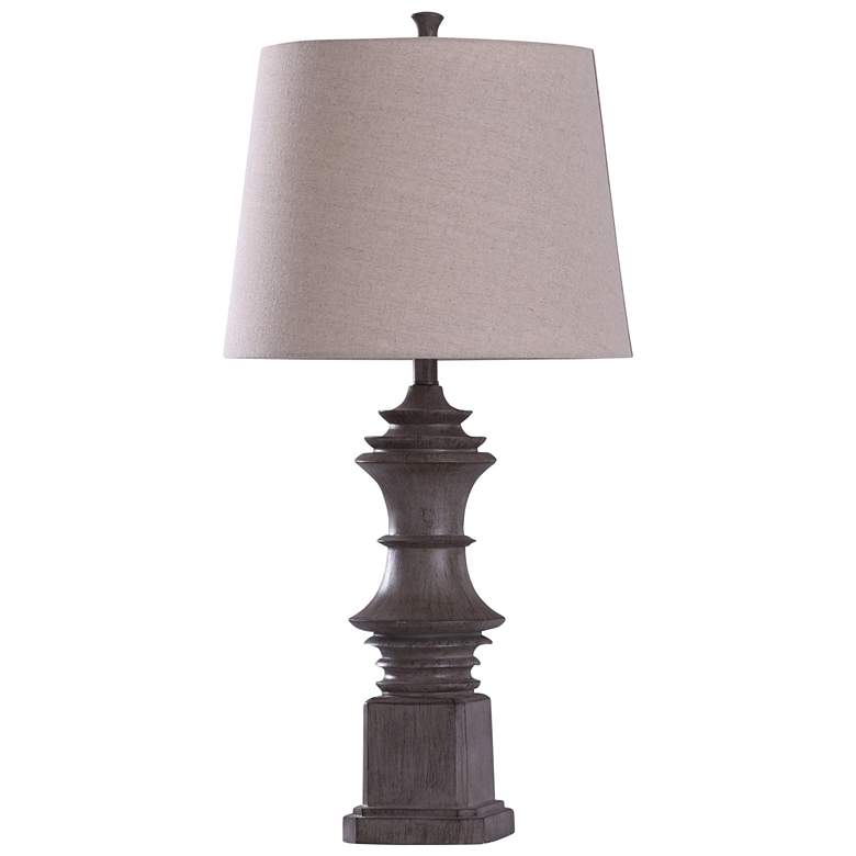 Image 1 Finn Baluster Table Lamp - Tapered Drum Shade - Dark Wood Grain - Tan Shade