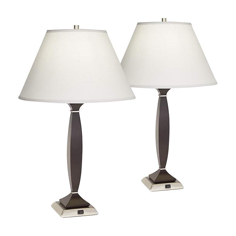 Image 1 Finnegan Mahogany and Brushed Steel Table Lamps Set of 2