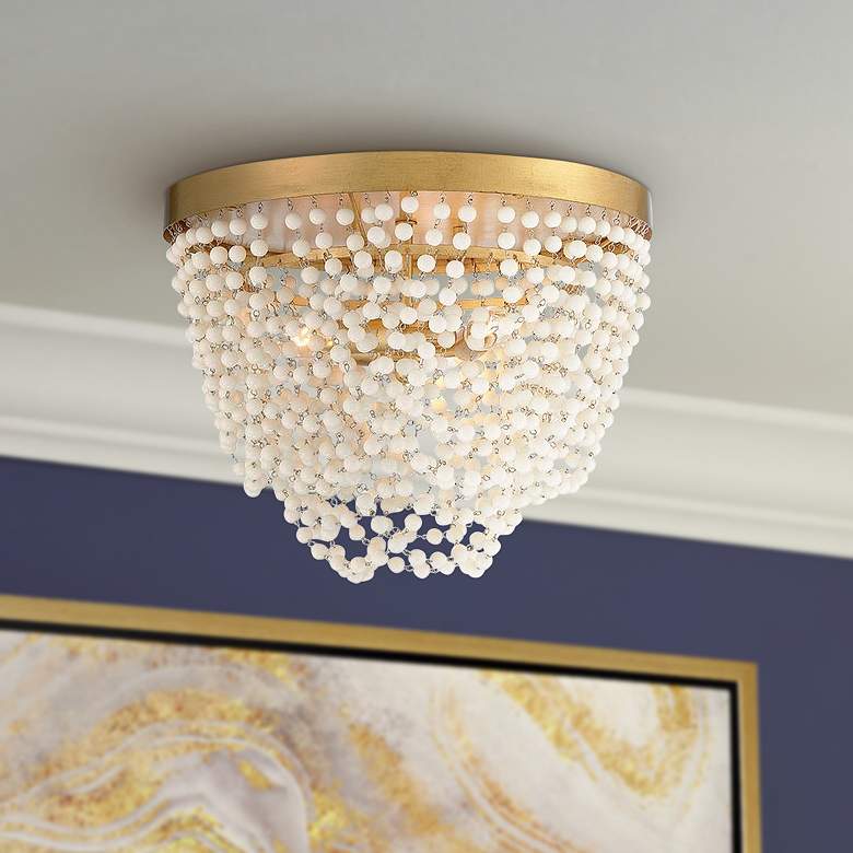 Image 1 Fiona 13 3/4"W Antique Gold and White Beads Ceiling Light