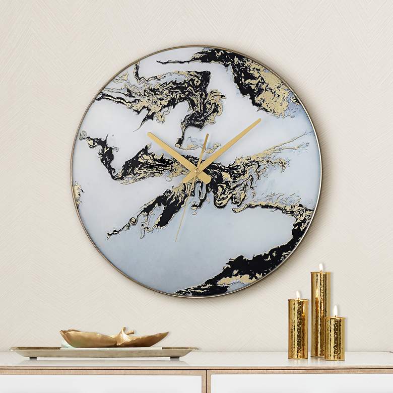 Image 1 Fionn Black, White, and Gold 17 3/4 inch Round Marble Wall Clock