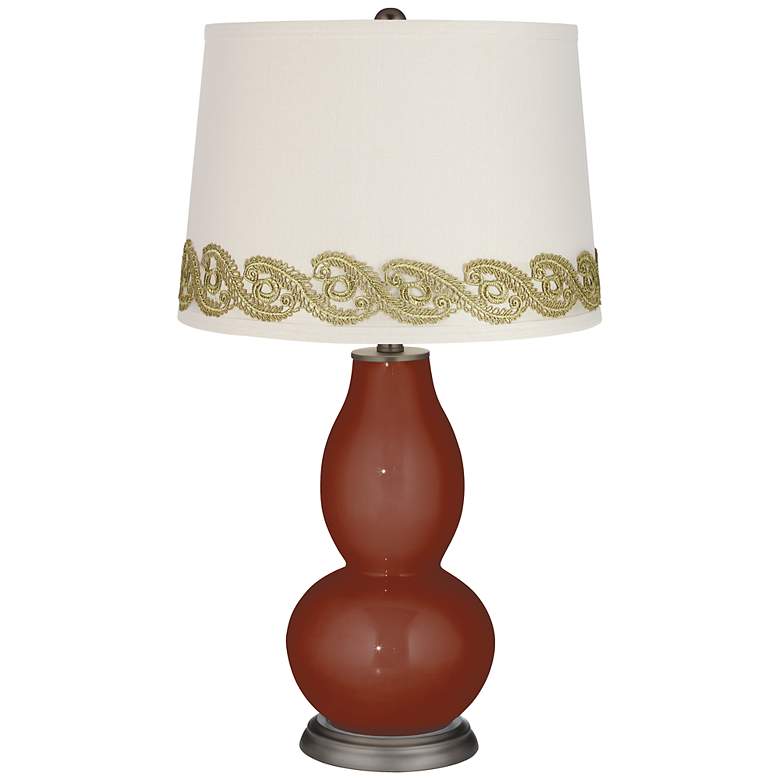 Image 1 Fired Brick Double Gourd Table Lamp with Vine Lace Trim
