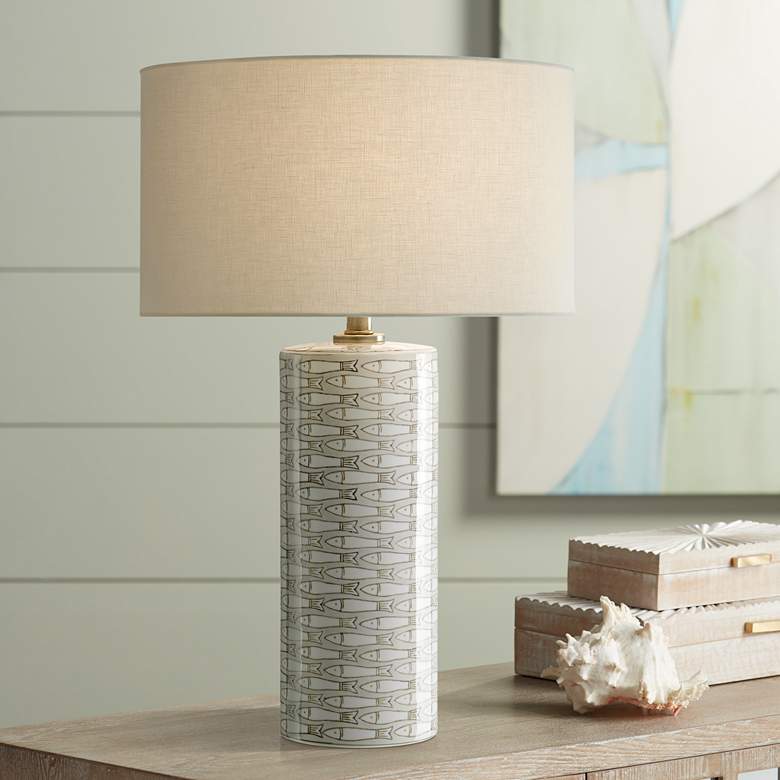 Image 1 Fisch Gray and White Fish Pattern Porcelain Table Lamp