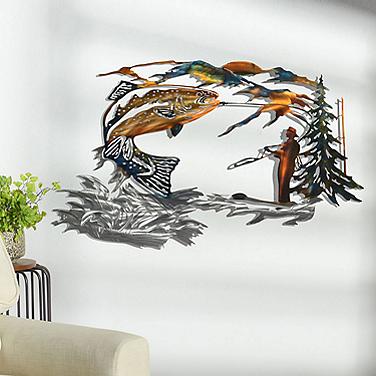 Fishing 39" Wide Laser-Cut Heat-Colored Metal Wall Decor