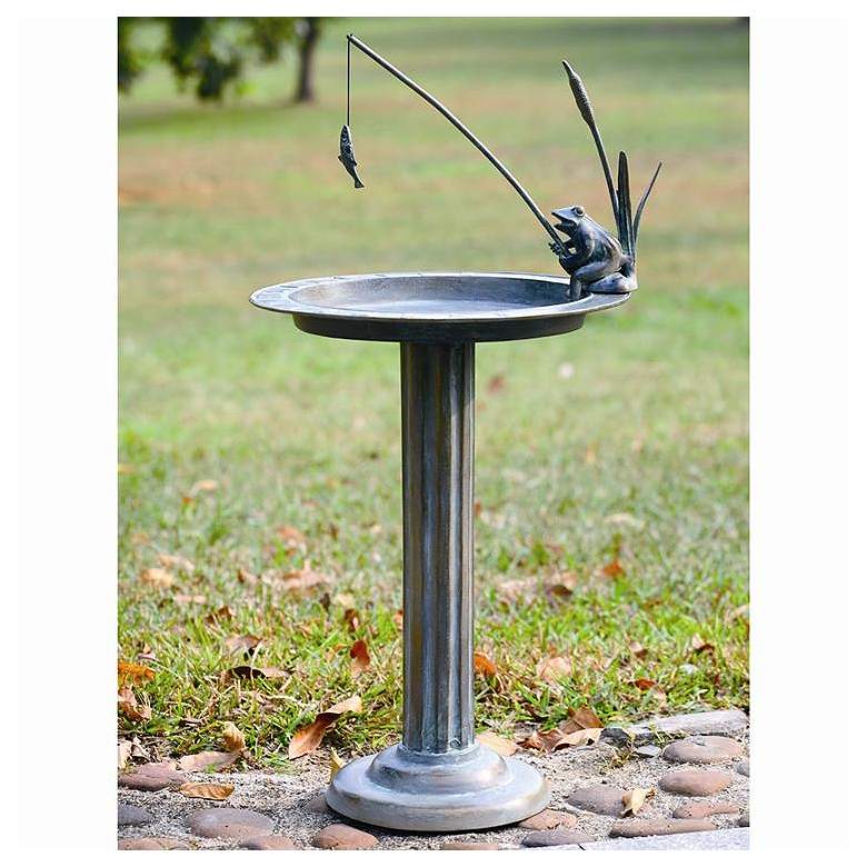 Image 1 Fishing Frog 31" High Aluminum Outdoor Sundial and Birdbath