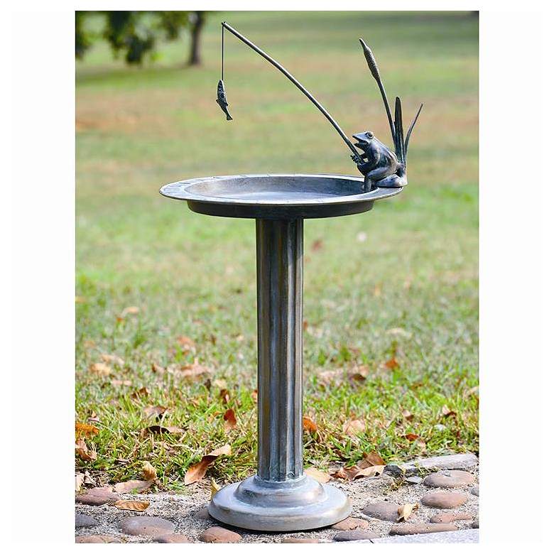 Image 1 Fishing Frog 31 inch High Aluminum Outdoor Sundial and Birdbath