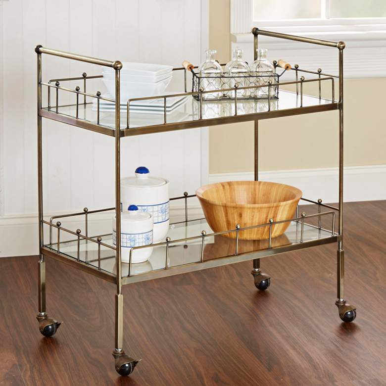 Image 1 Fitz 30" Wide 2-Tier Antique Gold and Glass Serving Cart