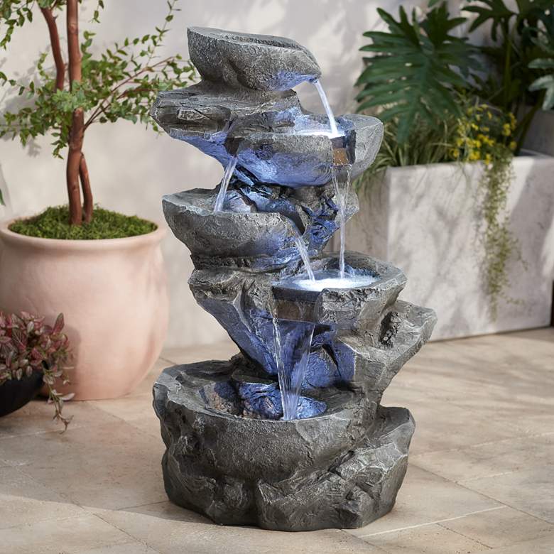Image 1 Five Bowl 40 1/2" High Gray Resin Fountain with LED Light
