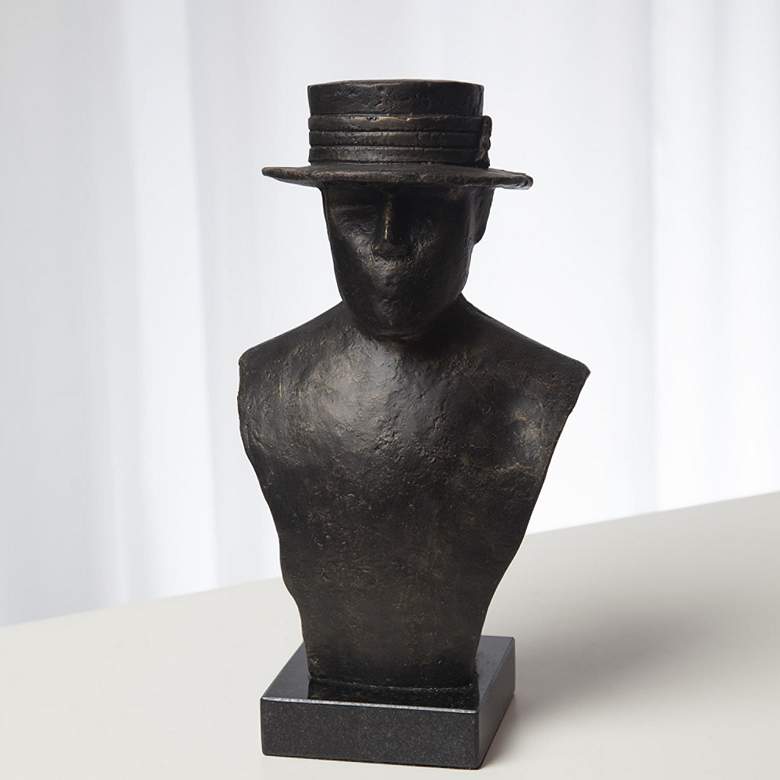 Image 1 Flat Brim Hat 10 3/4" High Bronze Cast Iron Bust Sculpture