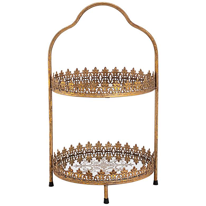 Image 1 Fleur de Lis Bronze Gold 21 1/2 inch High Two Tier Cake Stand