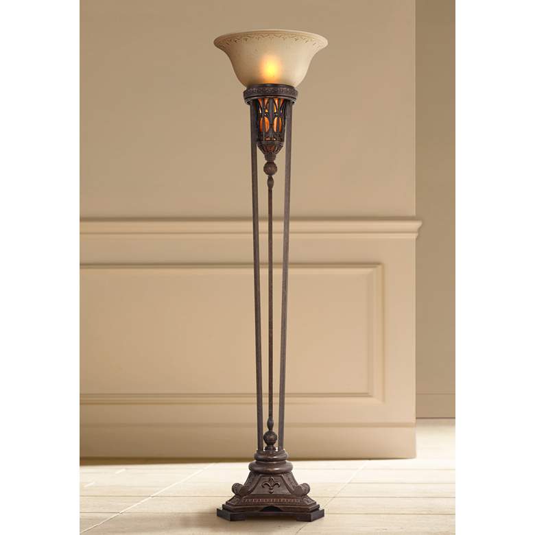 Image 1 Fleur-de-Lis Champagne Glass and Bronze Torchiere Floor Lamp