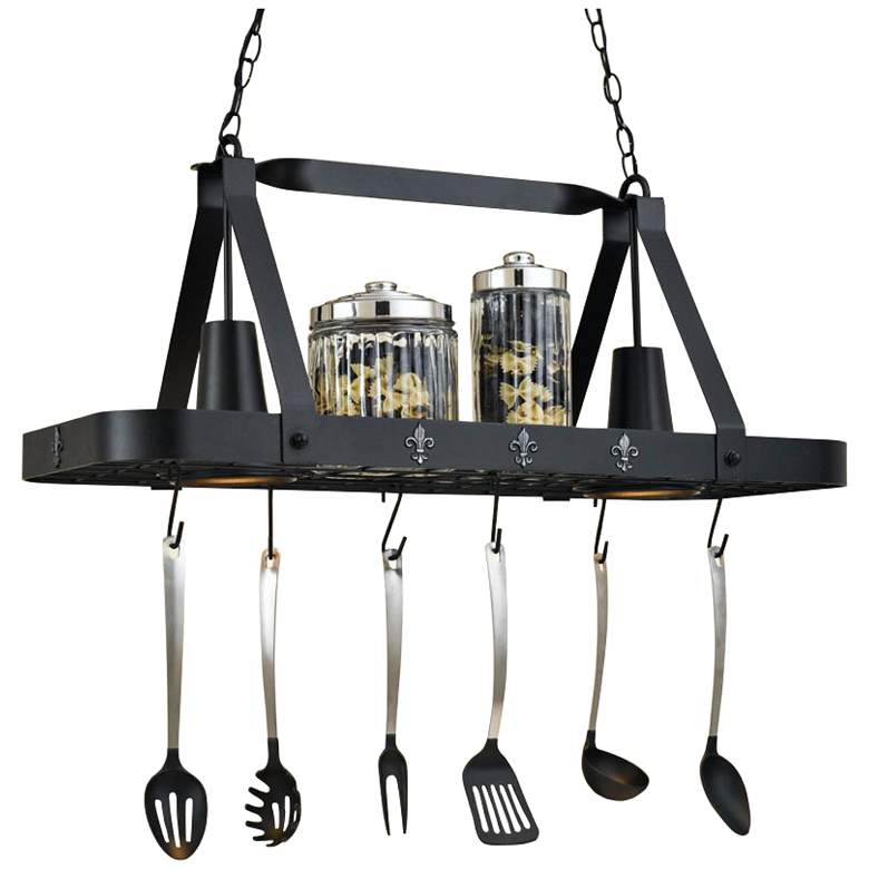 Image 1 Fleur de Lis Collection 36" Wide Black Leather Pot Rack Chandelier