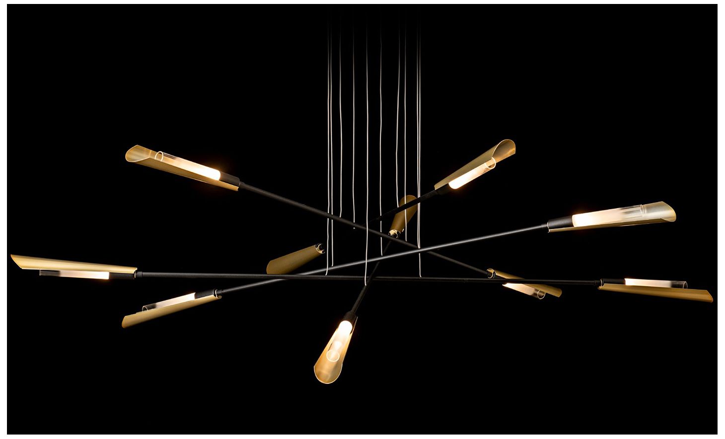 Flight 73.2" Wide 10-Light Black Pendant With Modern Brass Shade