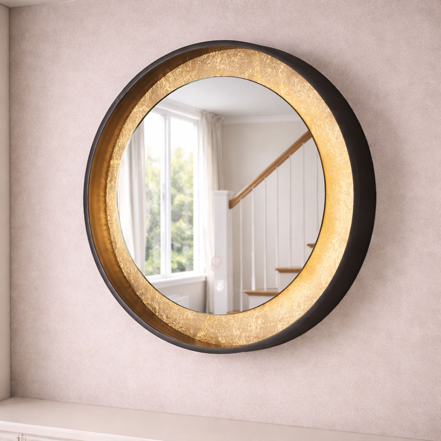 Image 7 Floating Gold Leaf and Black 23 1/2" Round Plug-In LED Wall Mirror more views