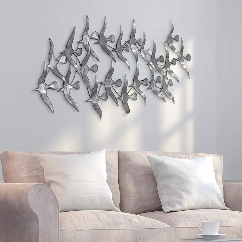 Image 2 Flock 52" Wide Silver Etched Metal Wall Art