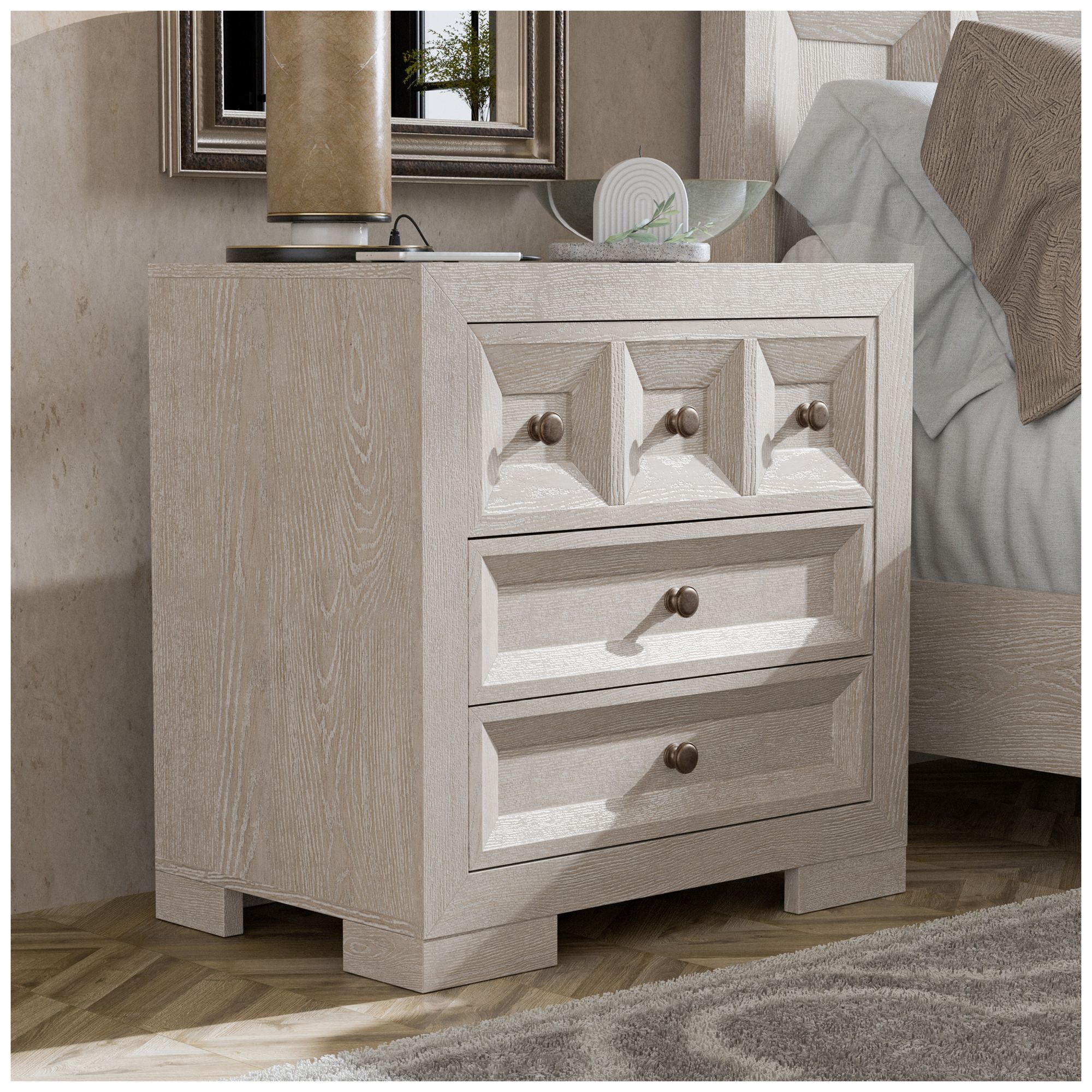 Image 2 Flonnin Modern Classic Tawny 3 Drawer Nightstand With USB Charging Ports more views