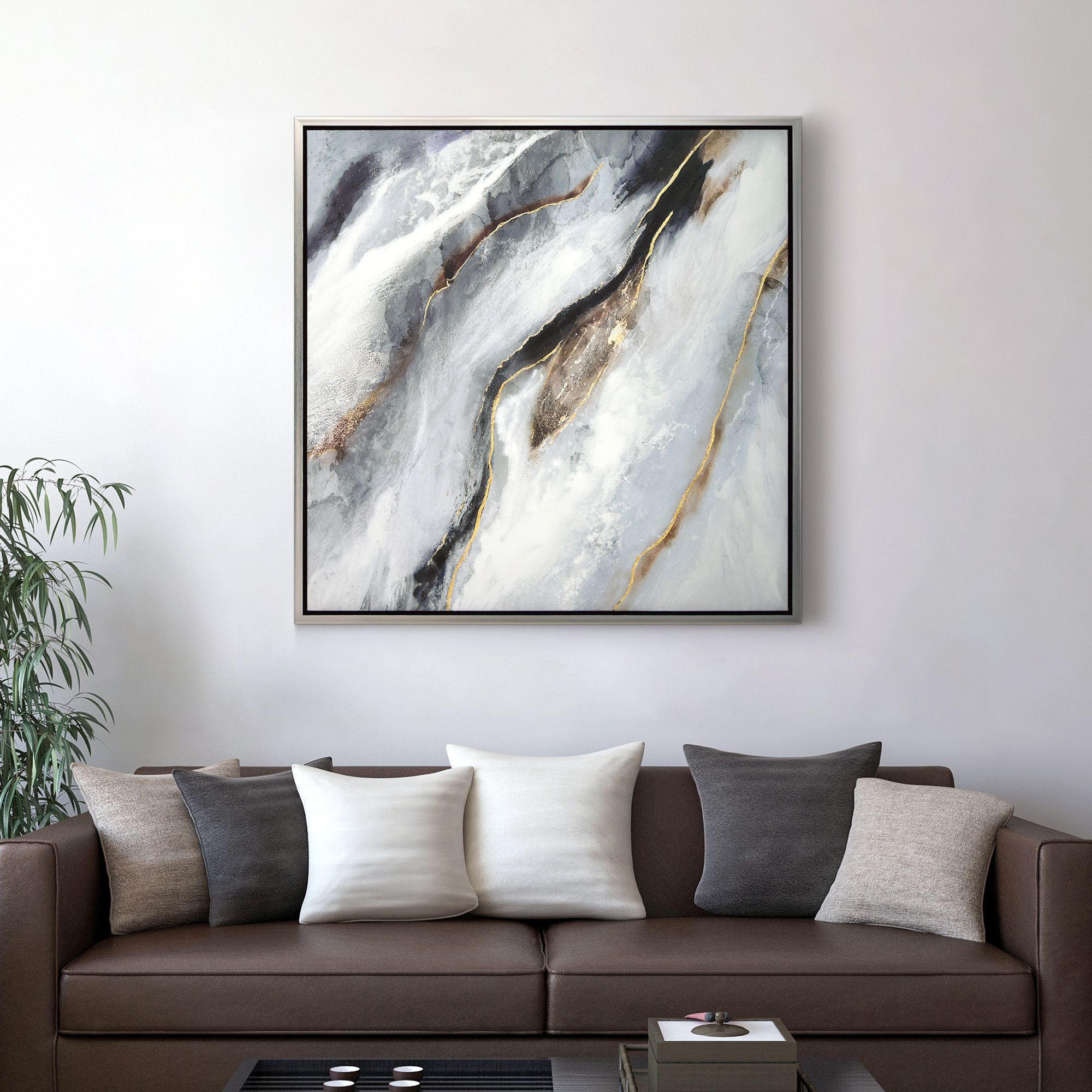 Flood 36" Square Textured Metallic Framed Canvas Wall Art in scene