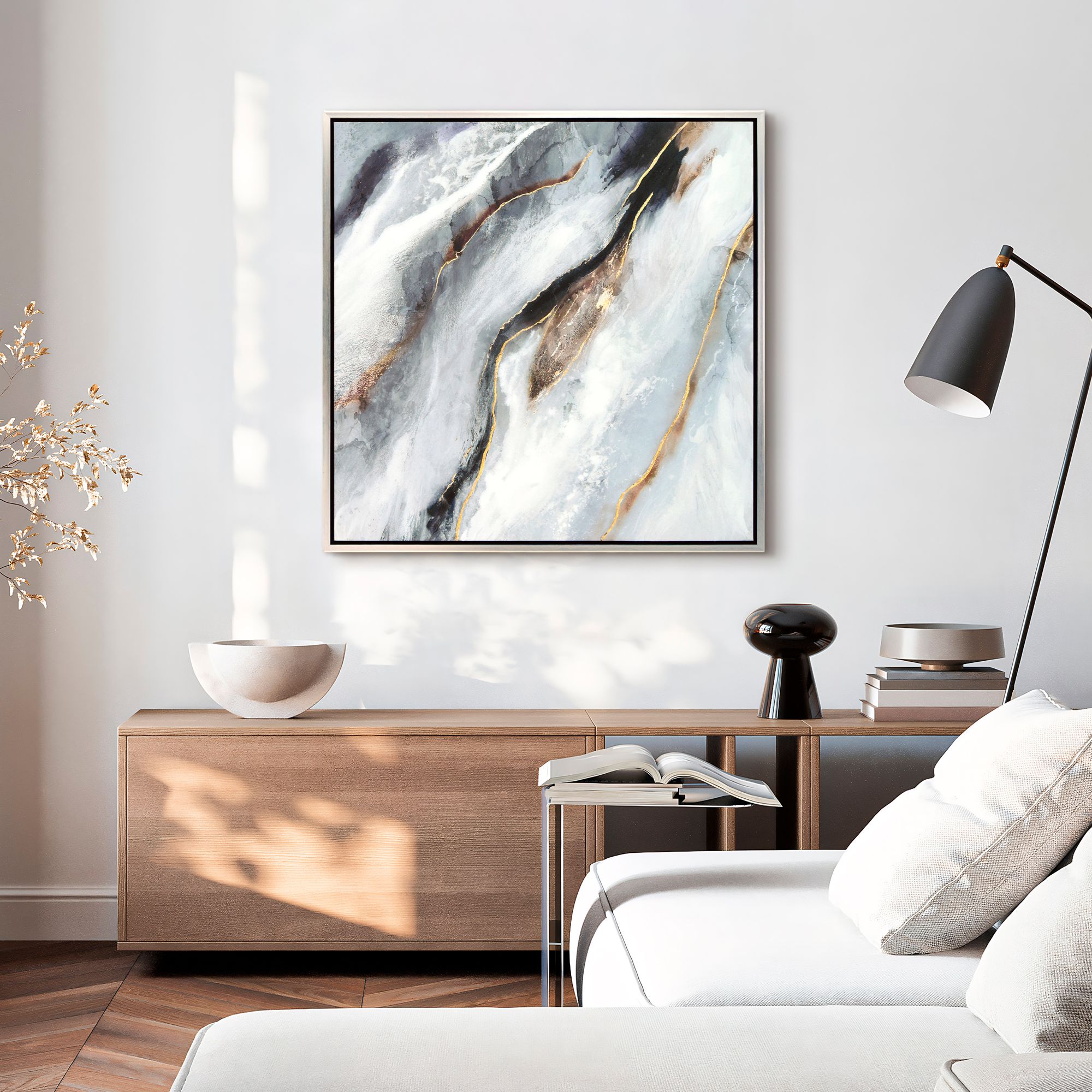 Flood 36" Square Textured Metallic Framed Canvas Wall Art in scene