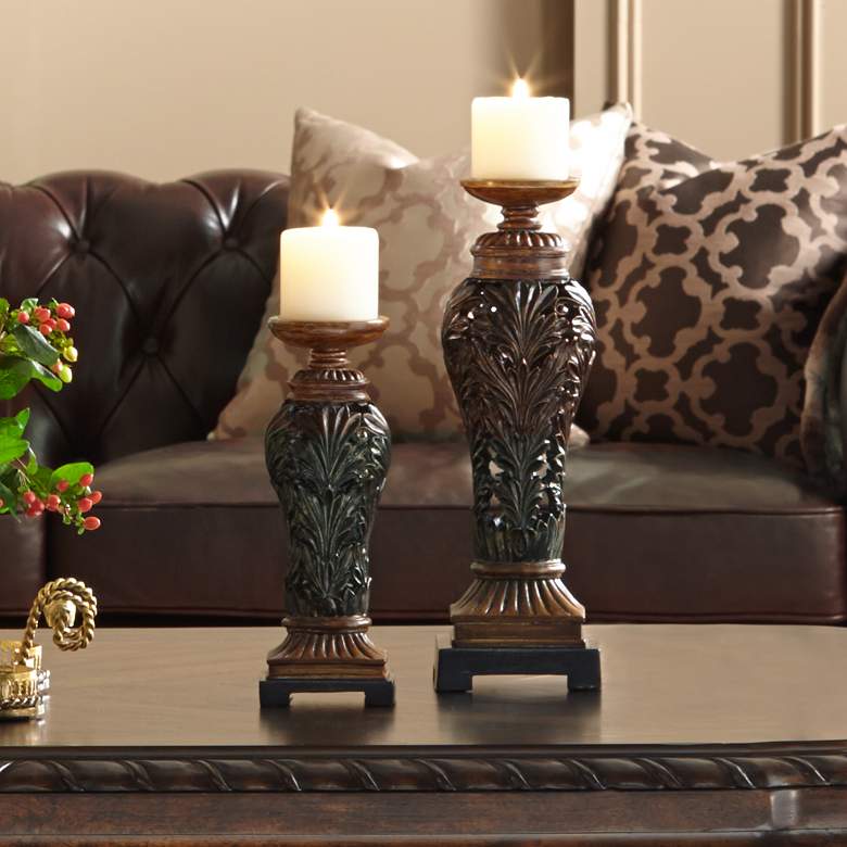 Image 1 Flora Carved Wood Finish Pillar Candle Holders - Set of 2