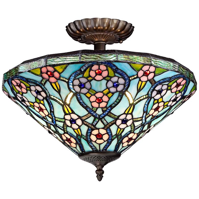 Image 1 Floral 16 inch Wide Tiffany Style Bronze Ceiling Light