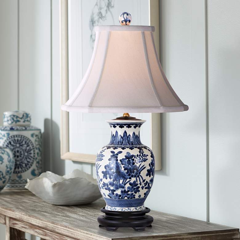 Image 1 Floral Blue and White Oval Porcelain Vase Footed Table Lamp