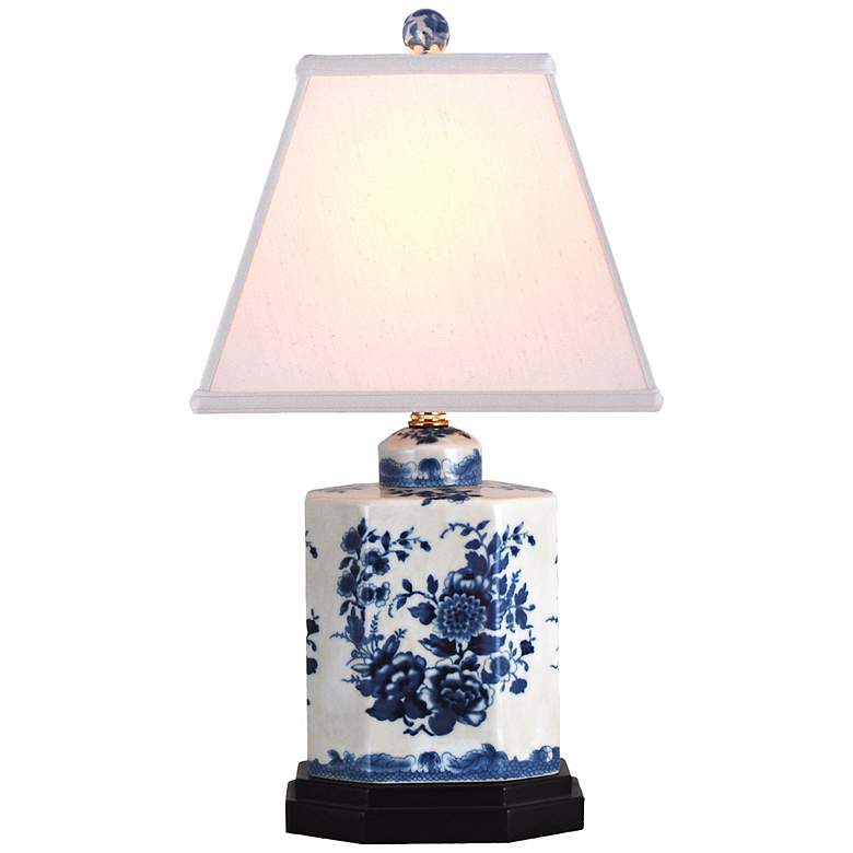 Image 1 Floral Blue and White Rectangle Shade Porcelain Table Lamp