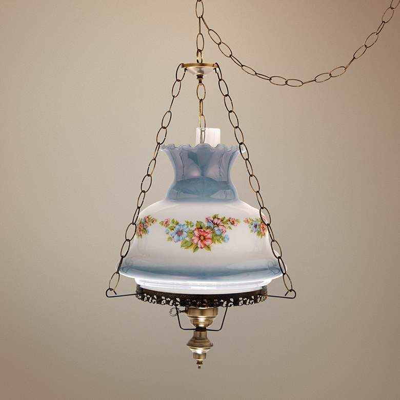 Image 1 Floral Blue Glass 17 inch Wide Plug-in Swag Chandelier