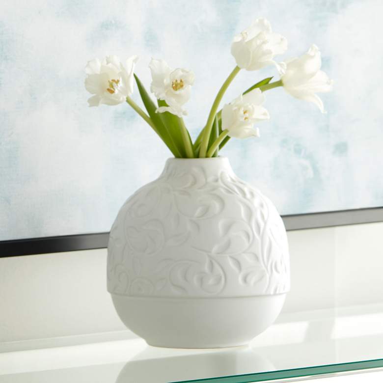 Image 1 Floral Carved 7" High Matte White Porcelain Decorative Vase