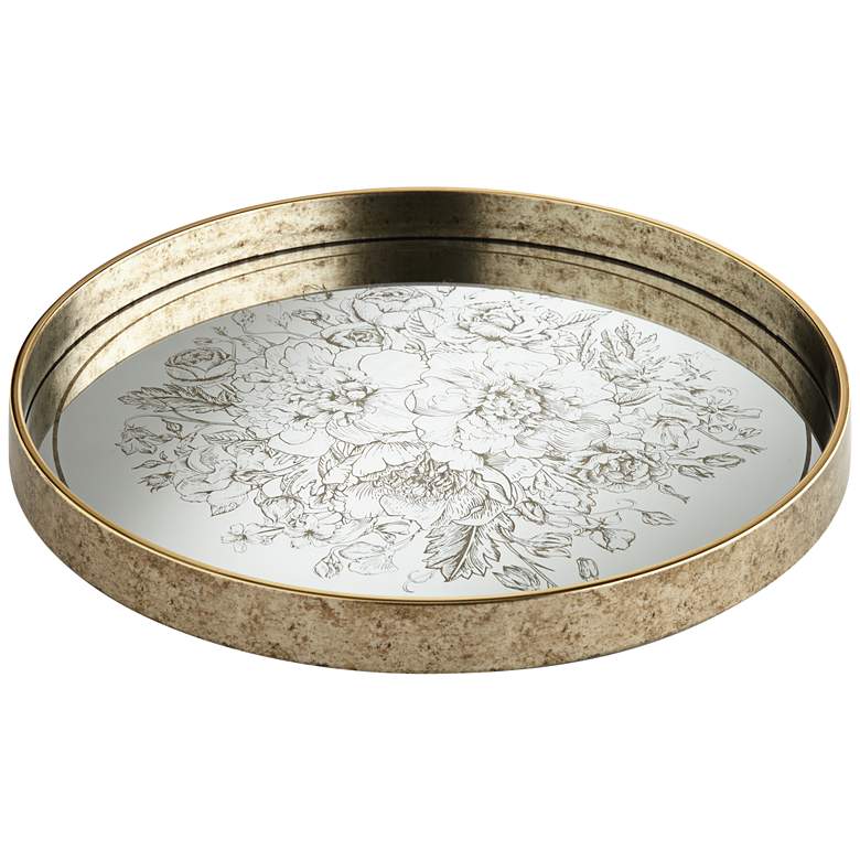 Image 1 Floral Center Painted Gold and White Round Decorative Tray