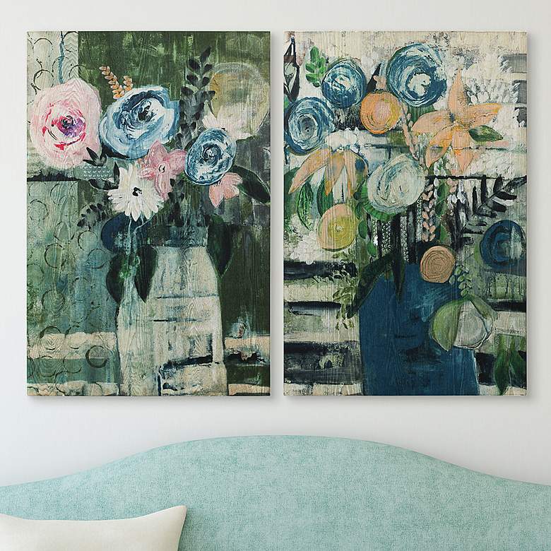 Image 1 Floral Circle and Stripe 36" High 2-Piece Wood Wall Art Set