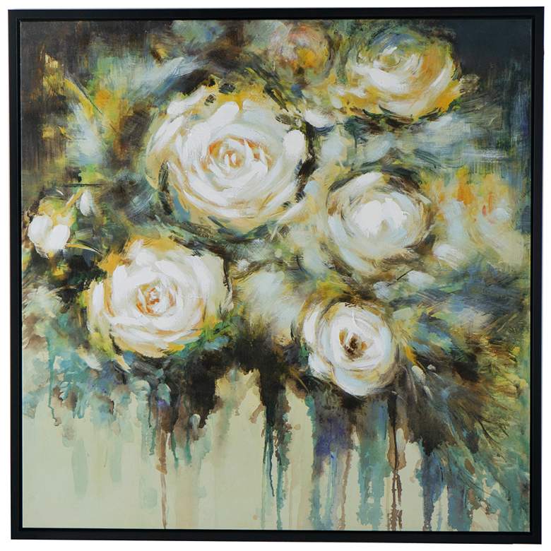 Image 1 Floral Dreams 40" x 40" Green & Cream Hand-Painted Framed Wal