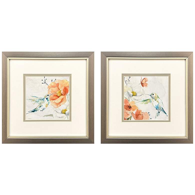 Image 1 Floral Hummingbird 11"W x 11"H Framed Art Set of 2