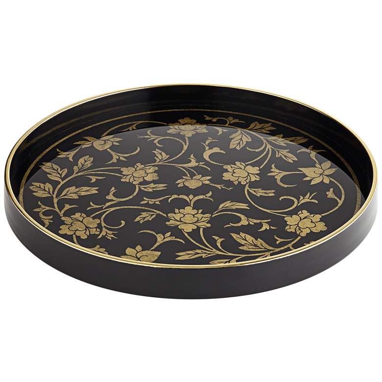 Image 1 Floral Painted Black and Gold Round Decorative Tray