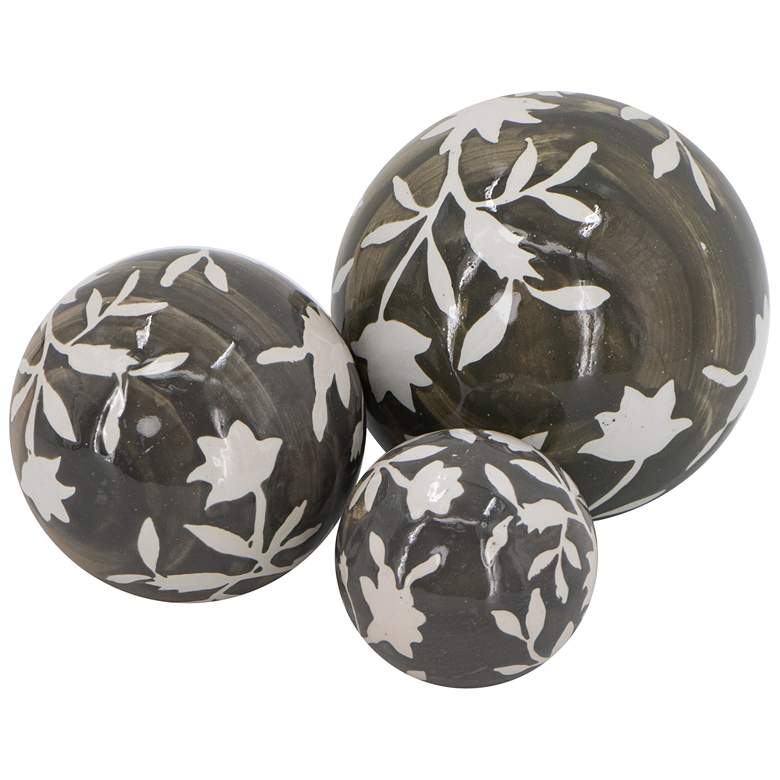 Image 1 Floral Painted Decorative Orbs - Set of 3 - Brown &#38; White