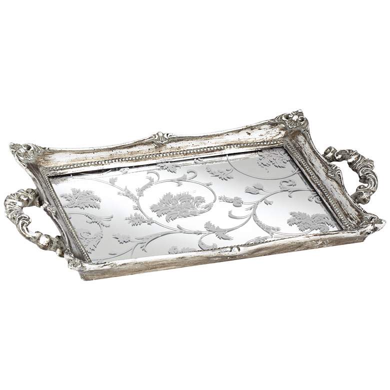 Floral Pattern 13&quot; Wide Silver Mirrored Decorative Tray