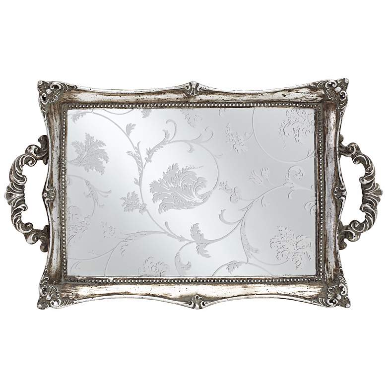 Image 3 Floral Pattern 13 inch Wide Silver Mirrored Decorative Tray more views