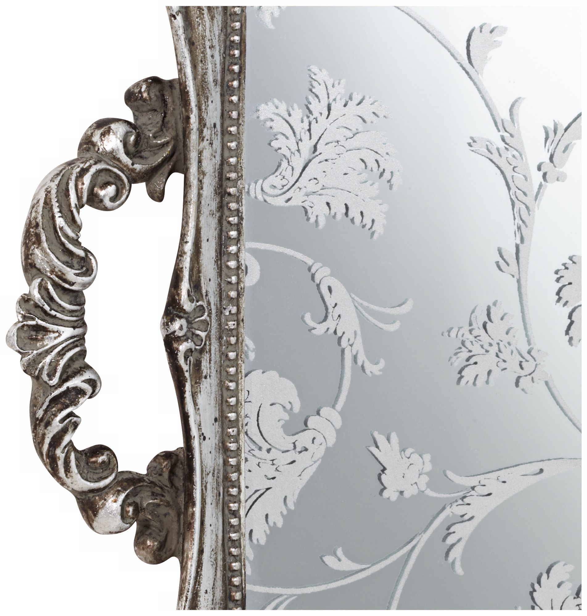 Floral Pattern 13" Wide Silver Mirrored Decorative Tray U4225