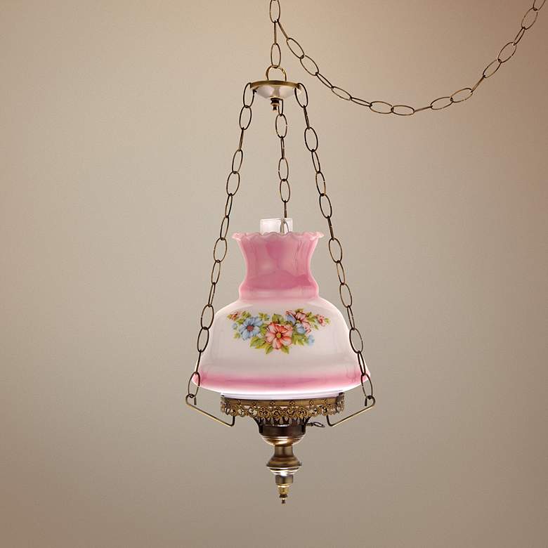 Image 1 Floral Pink Glass 13 inch Wide Plug-In Swag Chandelier
