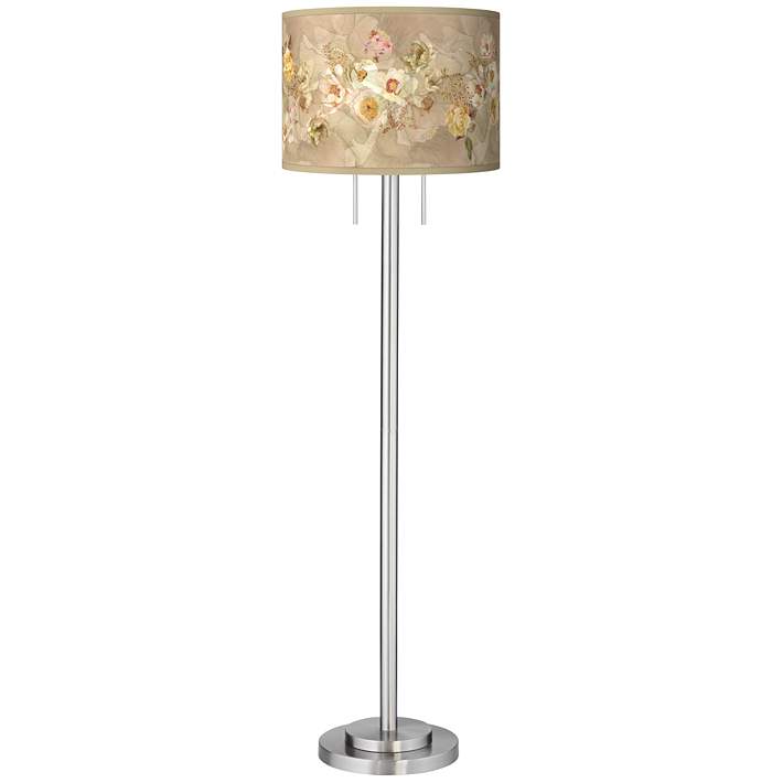 Giclee Glow Floral Spray Brushed Nickel Pull Chain Floor Lamp with Print  Shade 