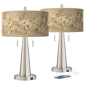 Image2 of Floral Spray Vicki Brushed Nickel USB Table Lamps Set of 2