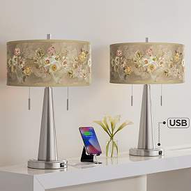 Image1 of Floral Spray Vicki Brushed Nickel USB Table Lamps Set of 2