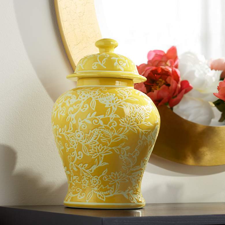 Image 2 Floral Yellow and White 13" High Decorative Jar with Lid