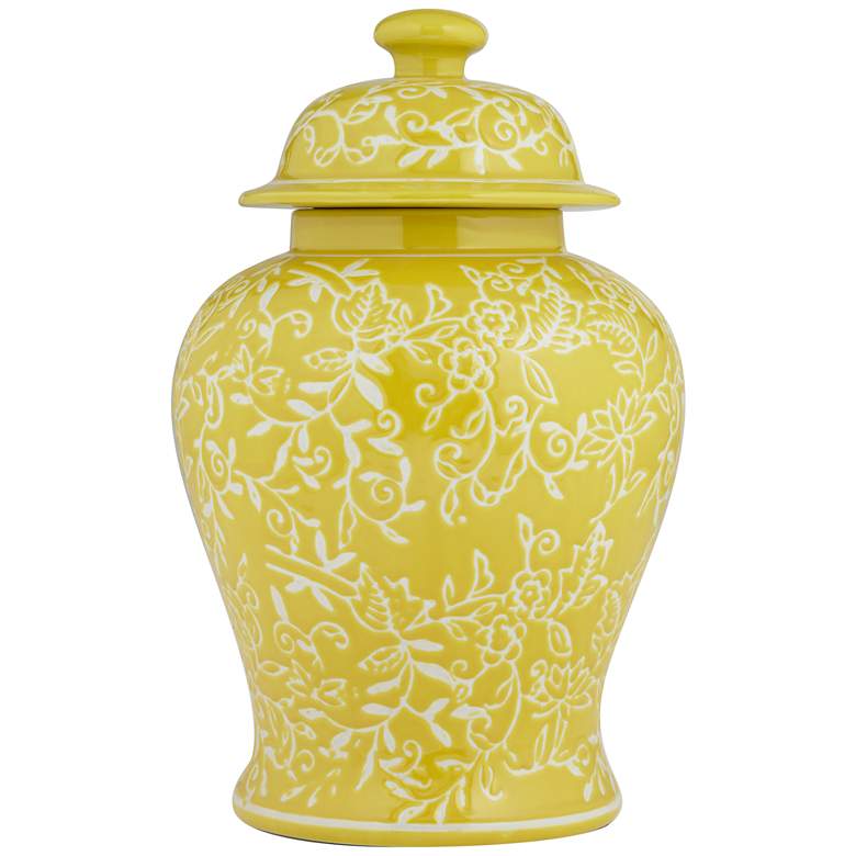 Image 4 Floral Yellow and White 13 inch High Decorative Jar with Lid more views