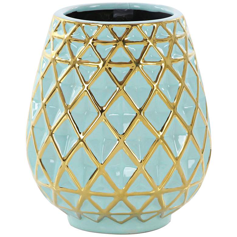 Image 1 Florence Gold and Cyan Glazed 8 inch High Ceramic Vase