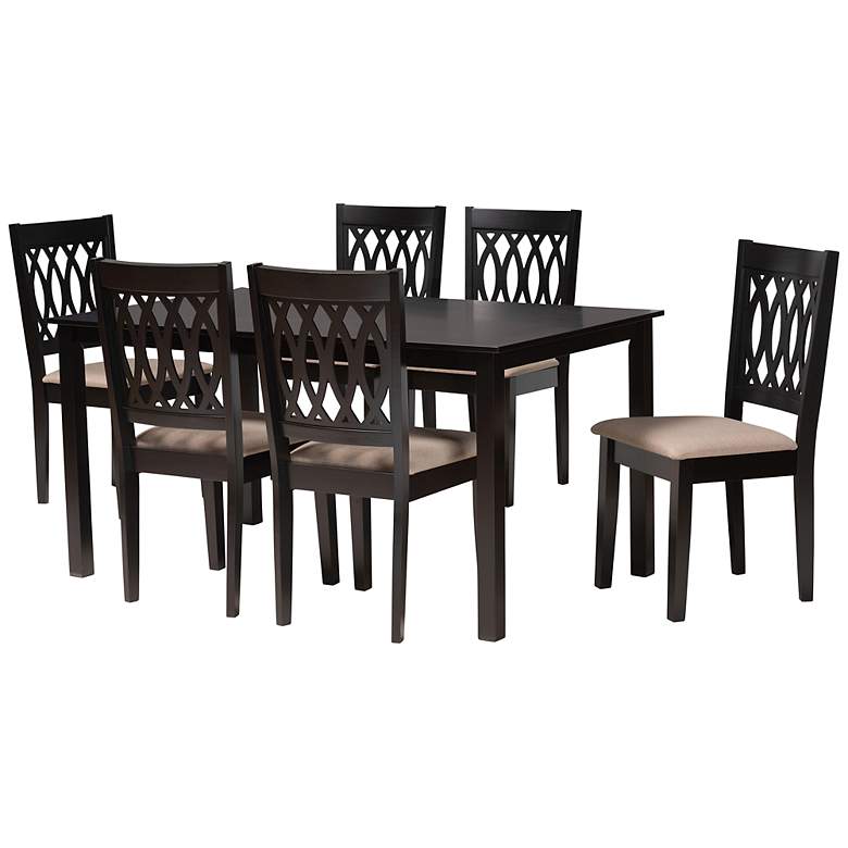 Image 2 Florencia Espresso Wood Beige Fabric 7-Piece Dining Set